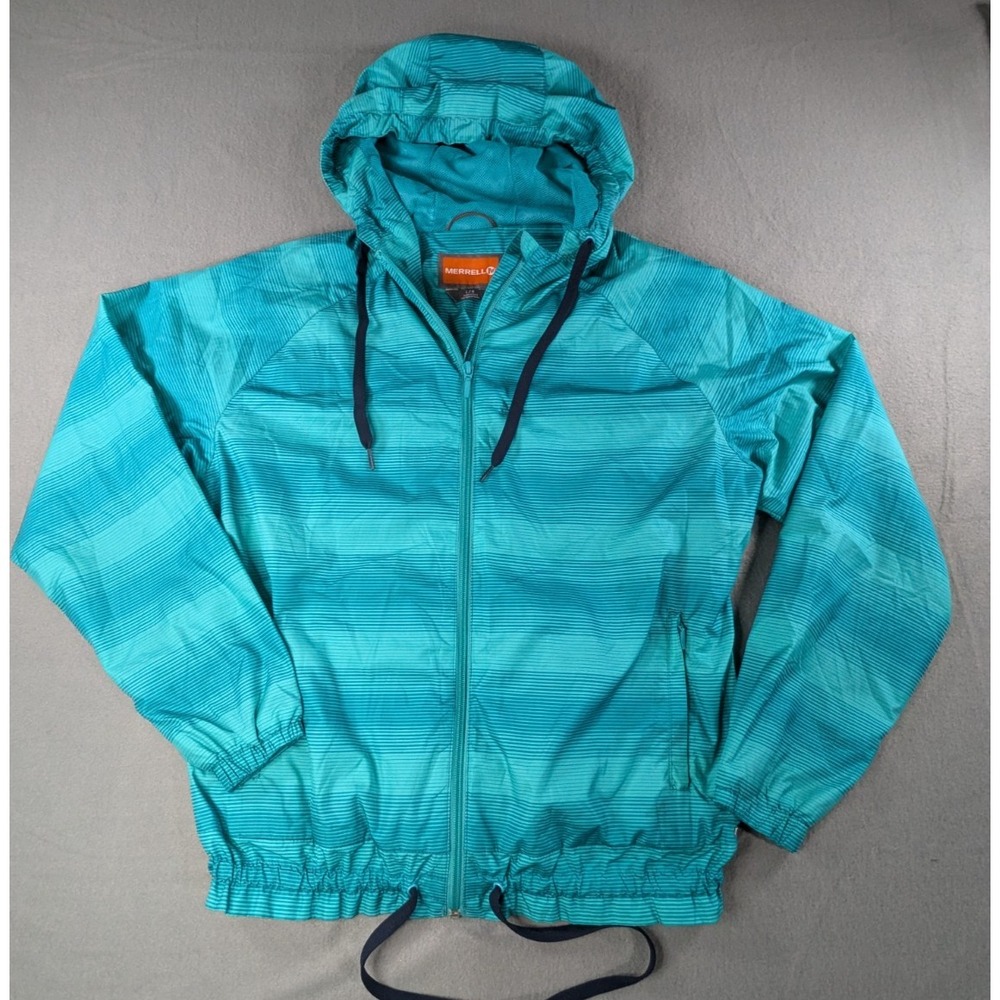 Merrell Womens Striped Full Zip Hooded Windbreaker Jacket Large Teal Blue